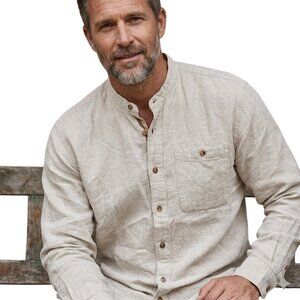 J.Riggings Men's Shirt Large Band Cloar Linen Blend Long Sleeve Button-Up Casual